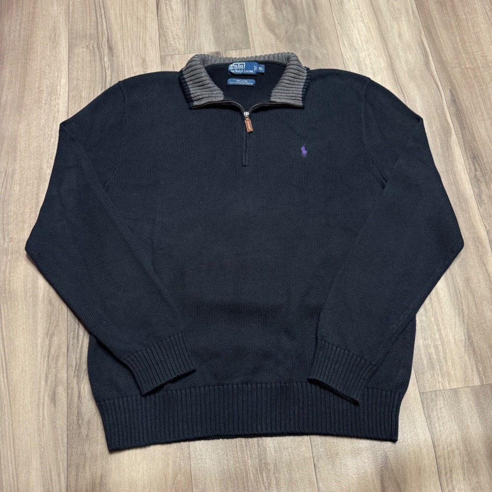 Polo Ralph Lauren Mens XL Navy Blue Cotton Quarter Zip Sweater Purple Pony Logo